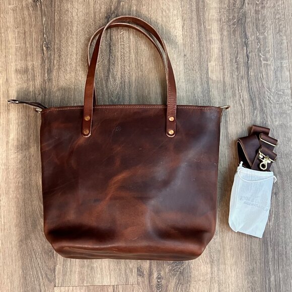 KMM & Co Brown Leather Hand Crafted Large Tote Bag Purse Zippered Travel Strap - Picture 1 of 13